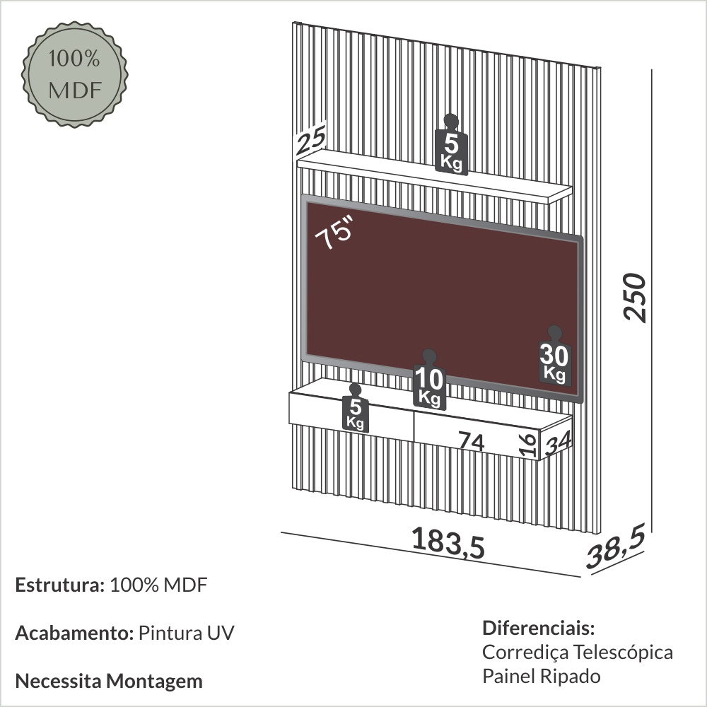 Painel suspenso com gavetas 1,83m